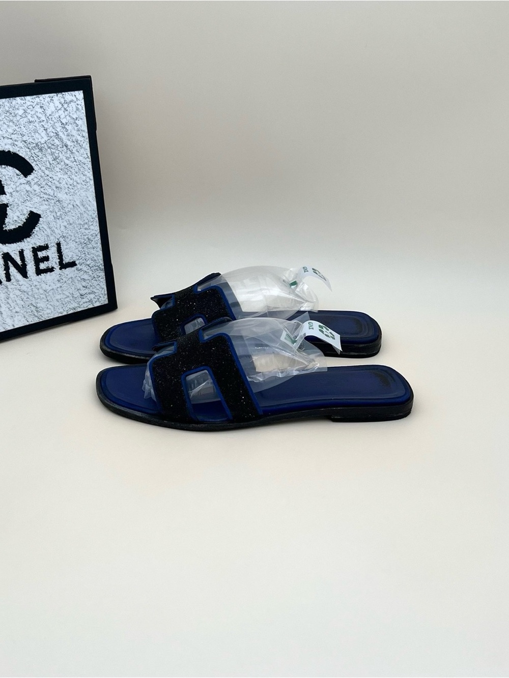 Hermes Navy Blue Glitter H-Logo Slide Sandals
